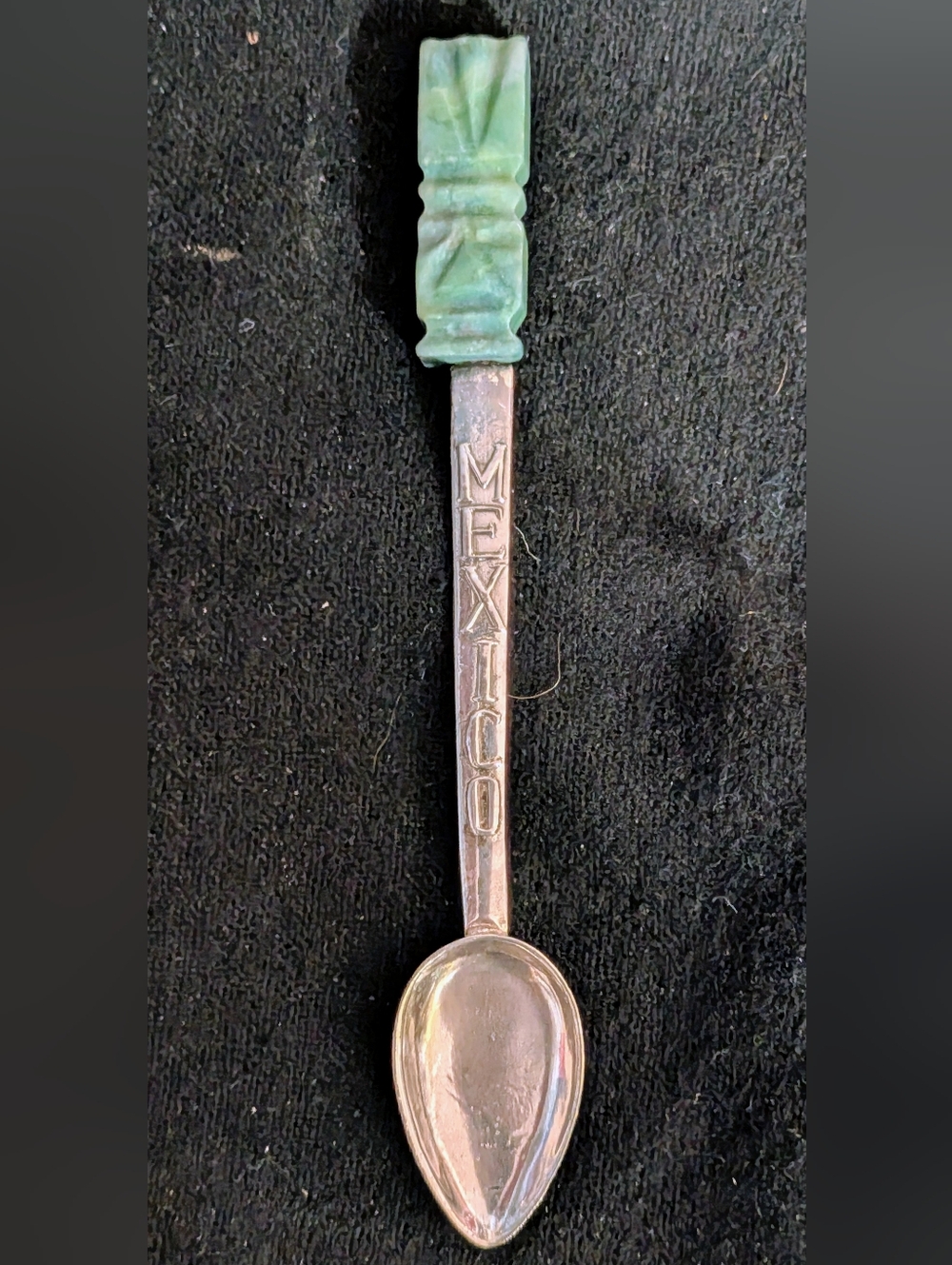 Vintage Mexican Silver Plated Spoon Carved Green Stone Handle Marked 925? GD